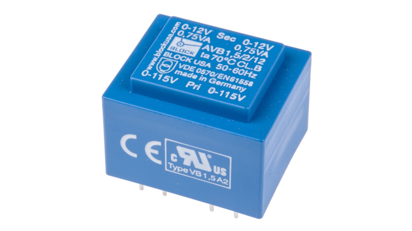 Block 12V ac 2 Output Through Hole PCB Transformer, 1.5VA