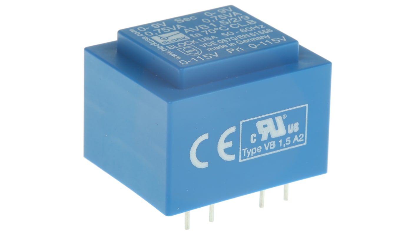 Block PCB变压器, 1.5VA, 初级115 V ac, 230 V ac, 次级9V 交流, 2输出, 通孔安装, 32.3 x 27.3 x 23.8mm