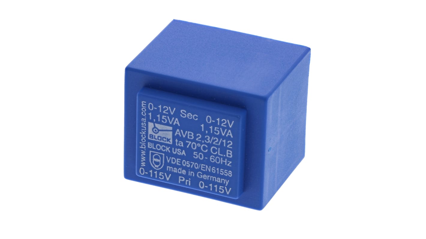 Trasformatore per PCB Block, 2.3VA, primario 115 V ac, 230 V ac, secondario 12V ca, 2 uscite