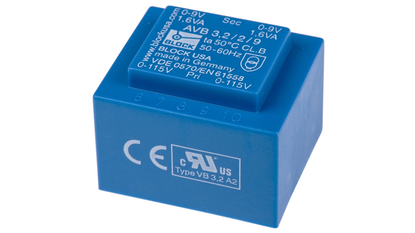 Block 9V ac 2 Output Through Hole PCB Transformer, 3.2VA