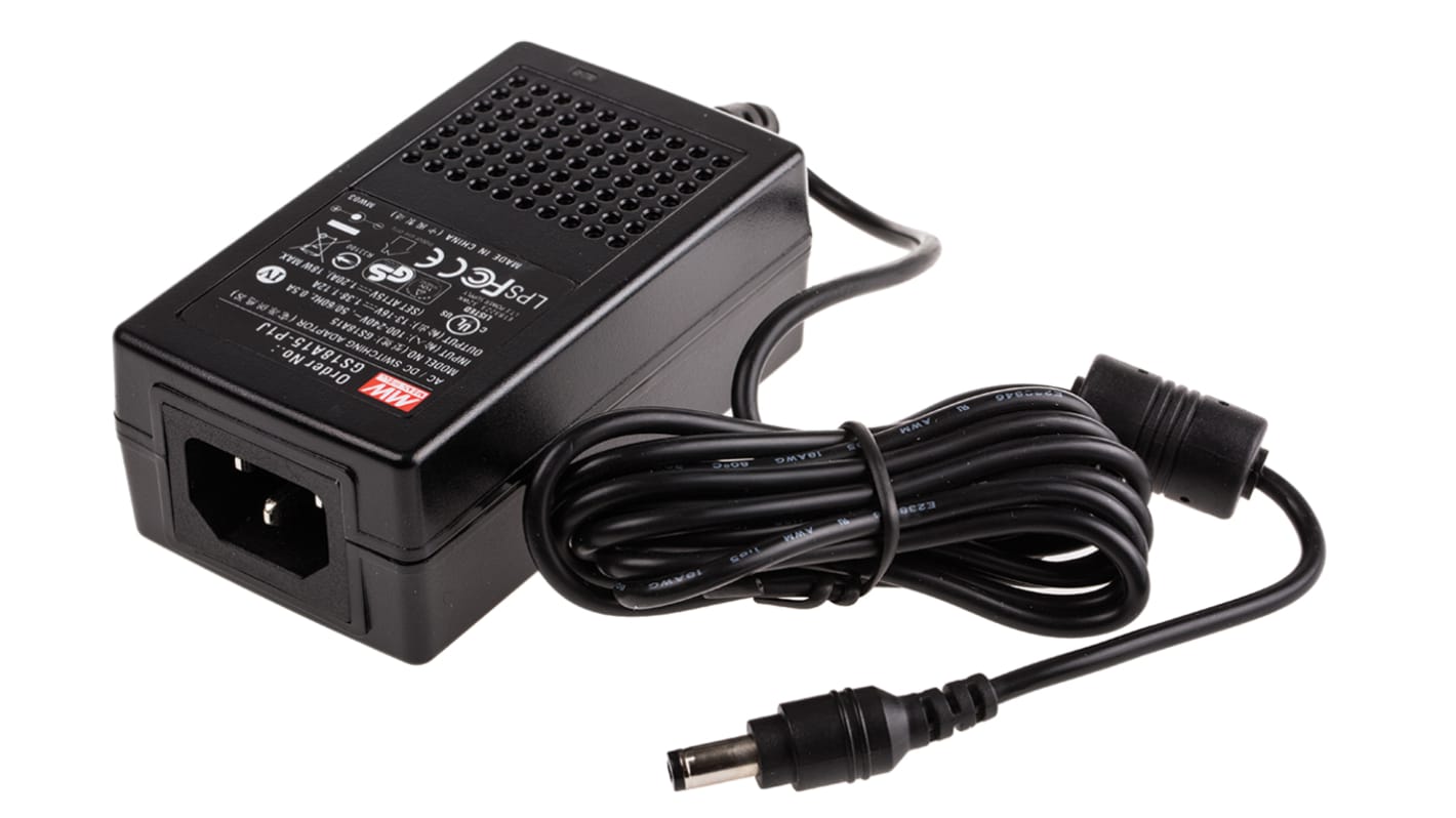 MEAN WELL Power Brick AC/DC Adapter 15V dc Output, 1.2A Output