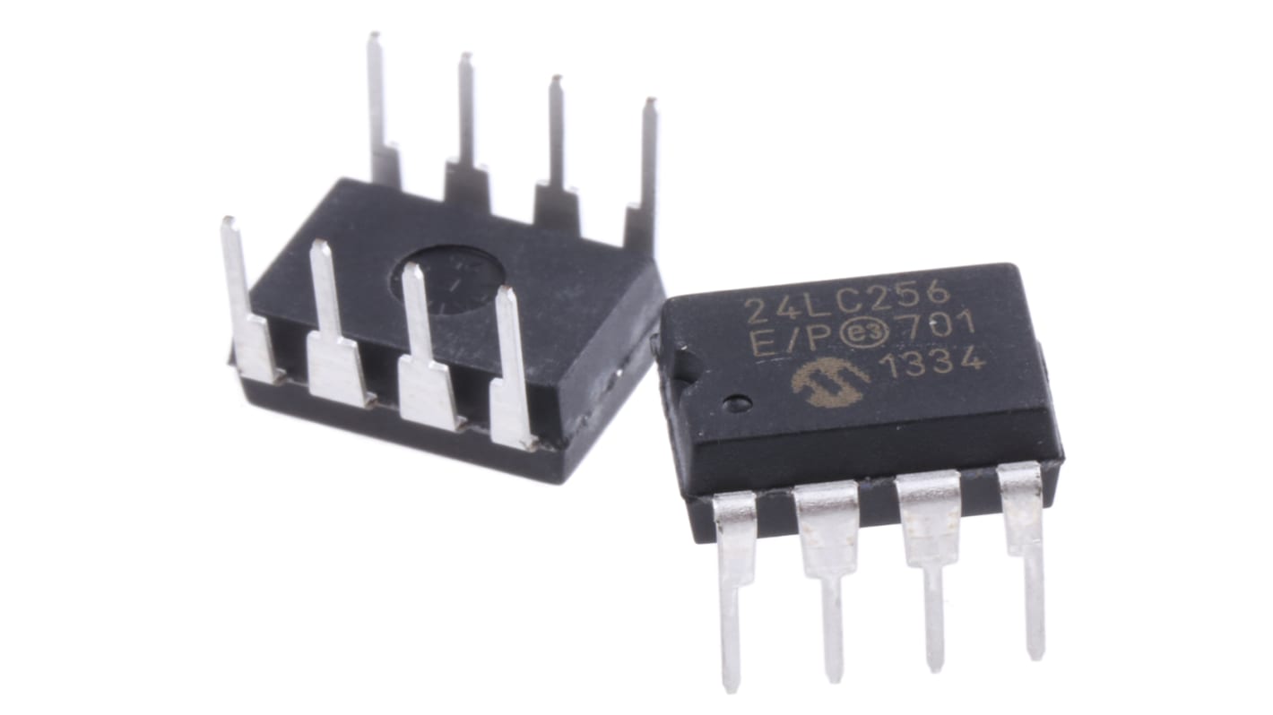 AEC-Q100 Memoria EEPROM serie 24LC256-E/P Microchip, 256kbit, 32k x, 8bit, Serie I2C, 900ns, 8 pines PDIP