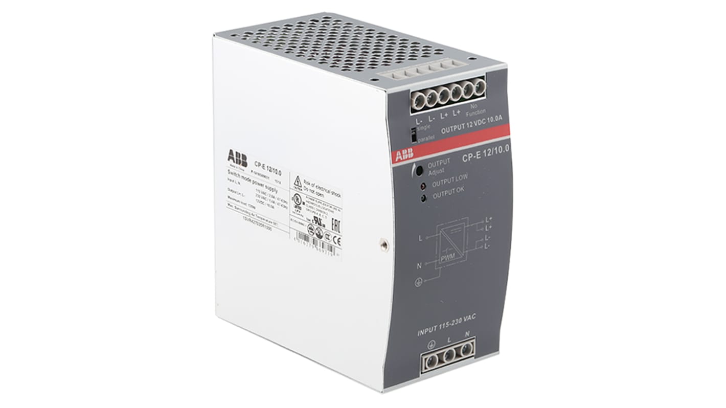 Zasilacz szyny DIN U wy 12V dc I wy 10A U we 90 → 132 V ac,186 → 264 V ac / 210 → 370V dc ABB 120W