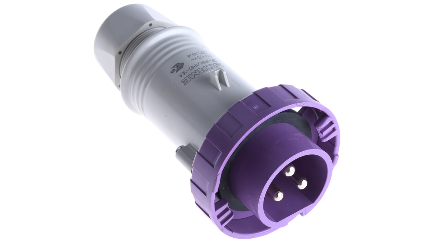 Scame IP67 Purple Cable Mount 3P Industrial Power Plug, Rated At 16A, 20 → 25 V