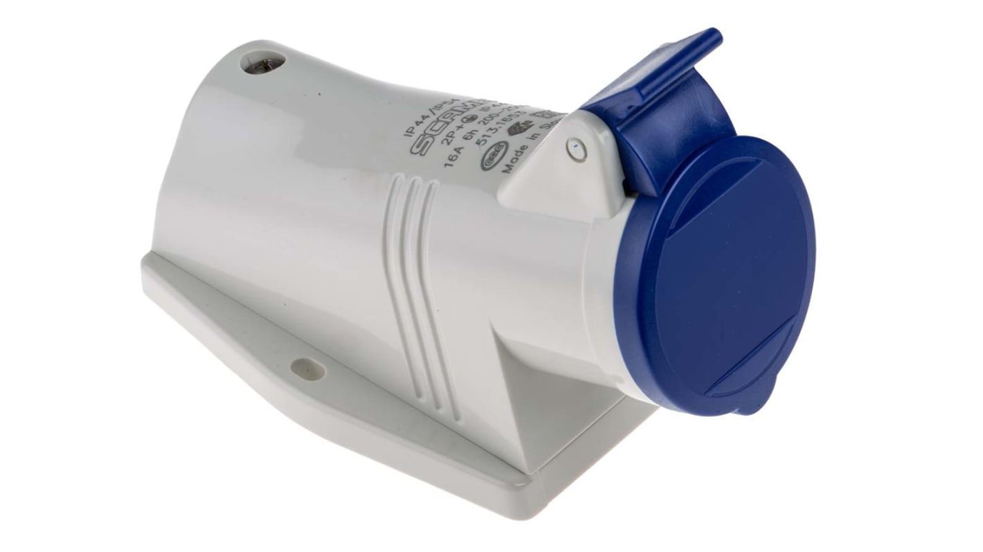 Scame IP44 Blue Wall Mount 2P + E Right Angle Industrial Power Socket, Rated At 16A, 230 V