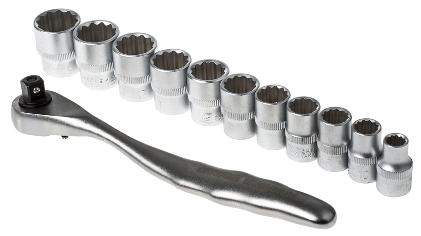 RS PRO 12-Piece Metric 3/8 in Standard Socket Set with Ratchet, 12 point