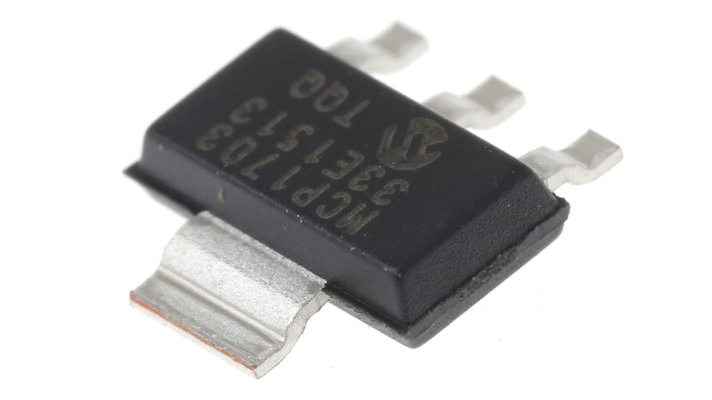Microchip LDO稳压芯片, 3.3 V输出, 250mA最大输出, 单路输出, SOT-223, 3+Tab针, 贴片安装, -40 °C→+125 °C, ±2%精度