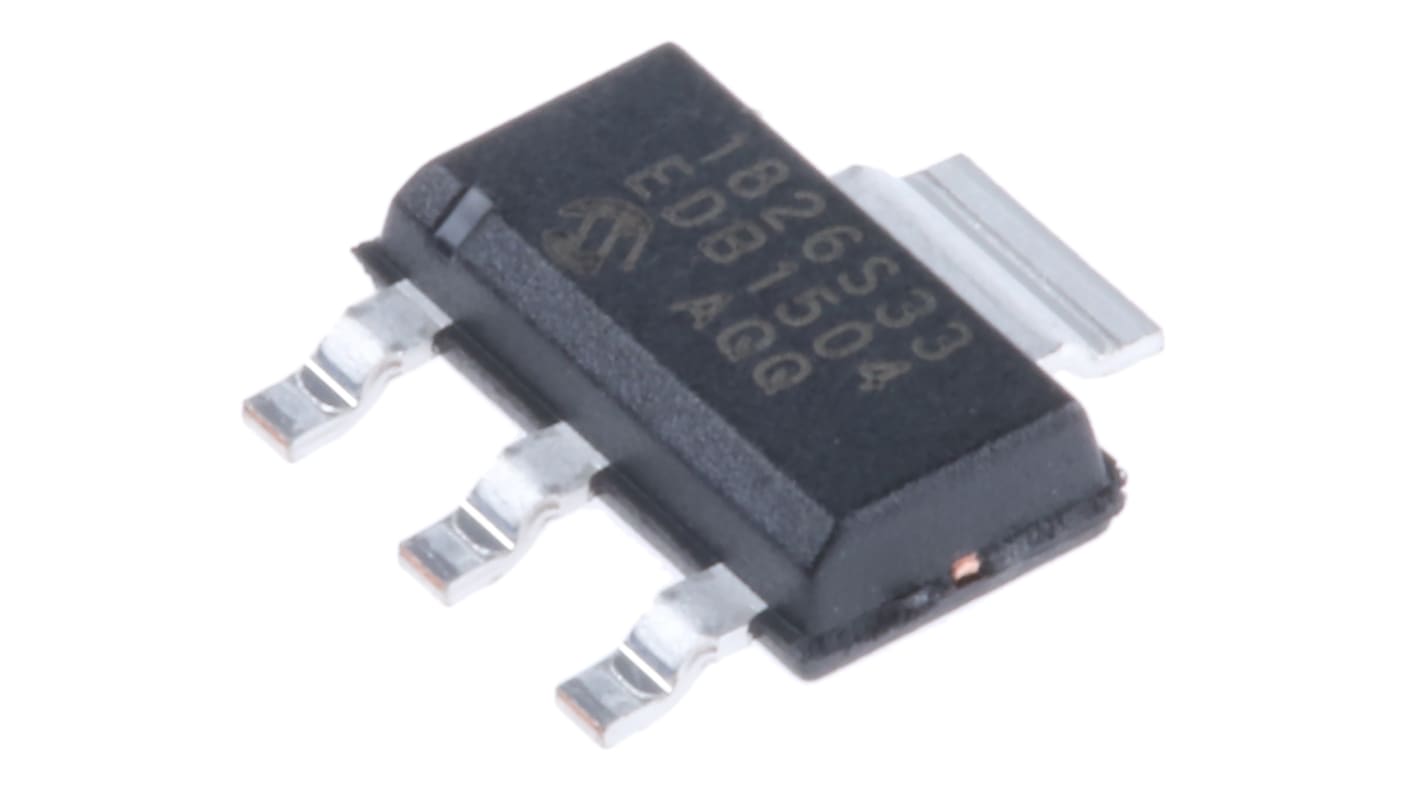 Microchip LDO稳压芯片, 3.3 V输出, 1A最大输出, 单路输出, SOT-223, 3+Tab针, 贴片安装, -40 °C→+125 °C, ±2%精度