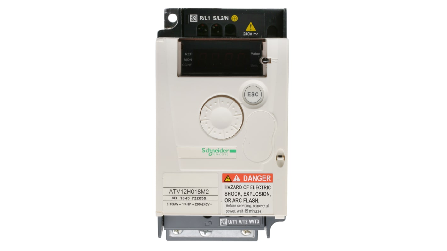 Schneider Electric Inverter Drive, 0.18 kW, 1 Phase, 230 V ac, 2.8 A, ATV 12 Series