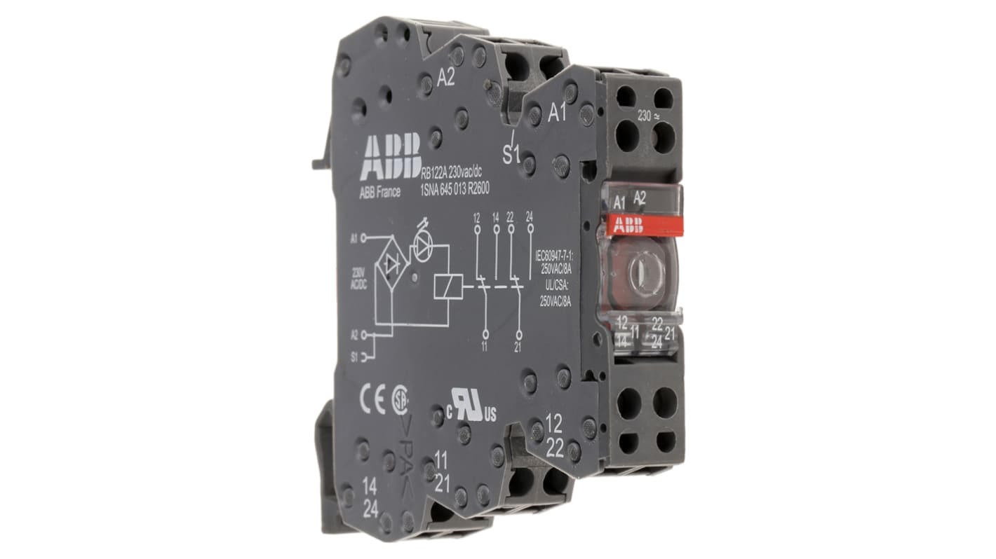 Relais d'interface ABB R600, 230V c.a. / V c.c., 2 RT, montage Rail DIN