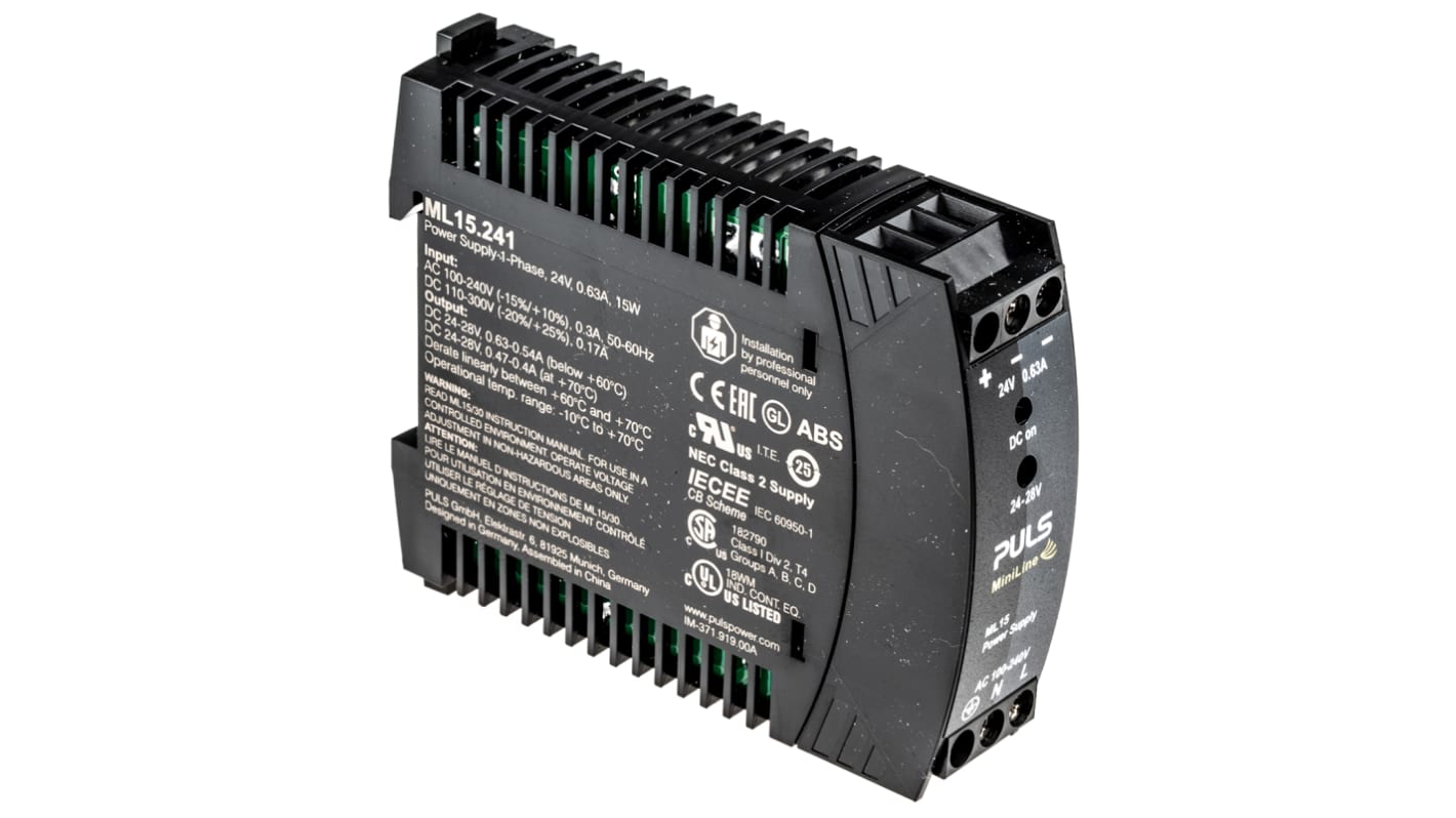 PULS MiniLine MLY Switched Mode DIN Rail Power Supply, 100 → 240V ac ac Input, 24V dc dc Output, 630mA Output,