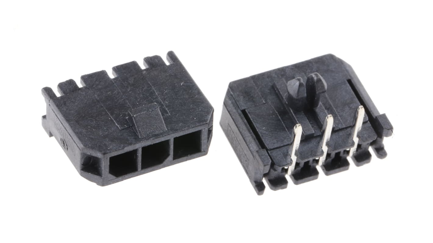 Conector macho para PCB Ángulo de 90° Molex serie Micro-Fit 3.0 de 3 vías, 1 fila, paso 3.0mm, para soldar, Montaje en