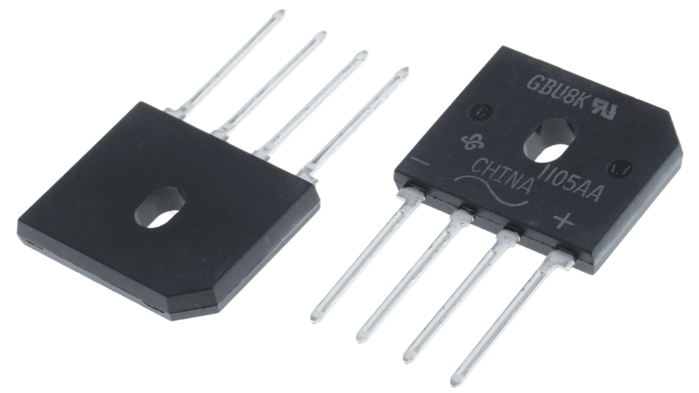 onsemi 单相整流桥, 8A, 800V, 4针, GBU, 通孔安装, -55 °C→+150 °C