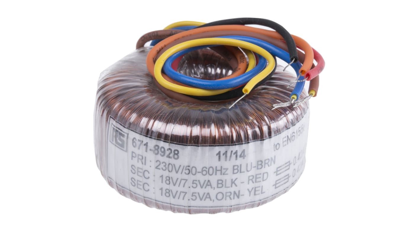 RS PRO 230V ac, 2 x 18V ac Toroidal Transformer, 15VA 2 Output