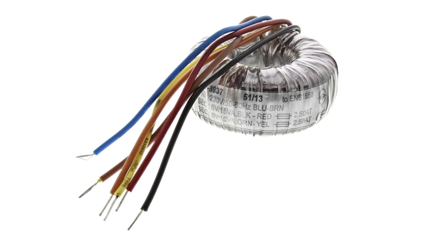 Transformador toroidal RS PRO, Tensión 2 x 6V ac, Potencia 30VA, 2 salidas