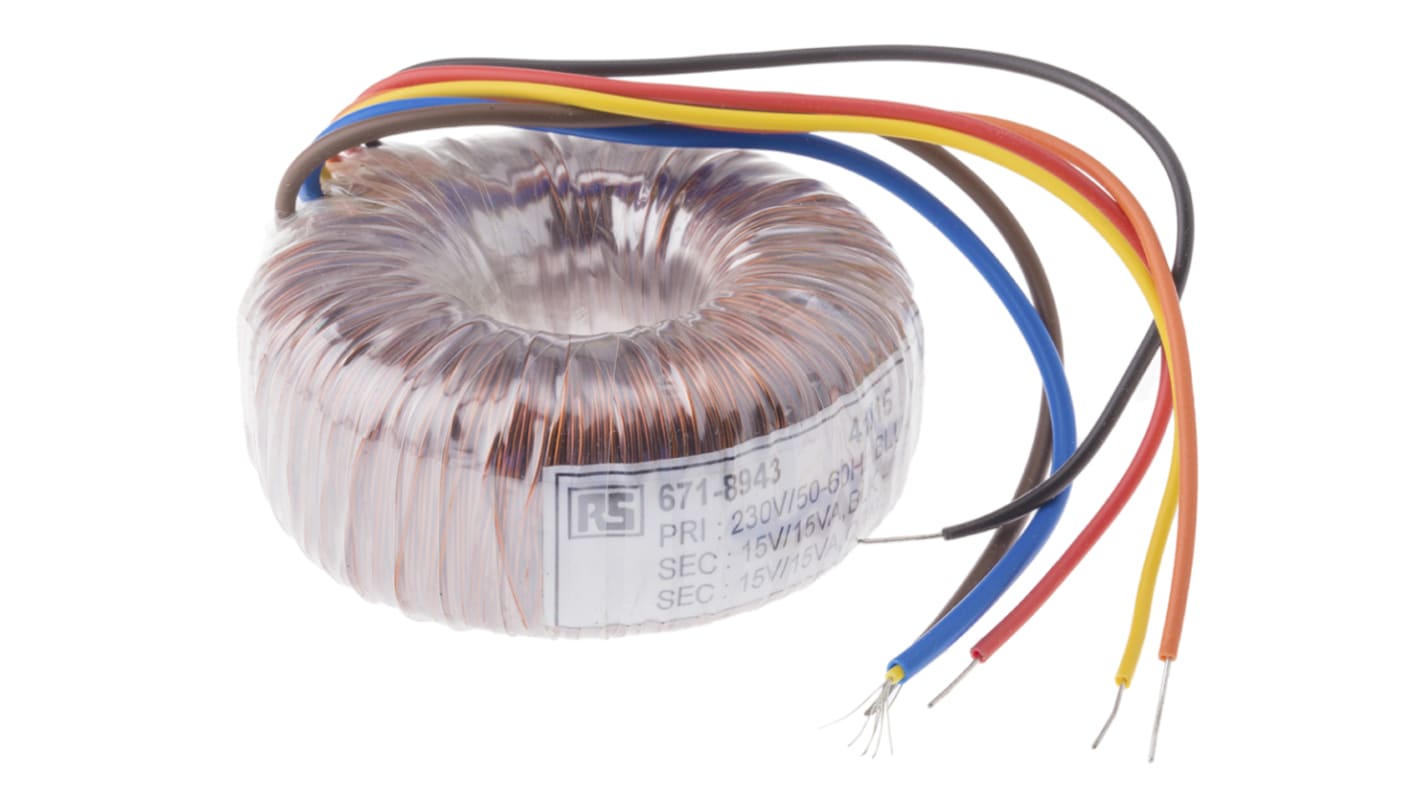 Transformador toroidal RS PRO, Tensión 2 x 15V ac, Potencia 30VA, 2 salidas