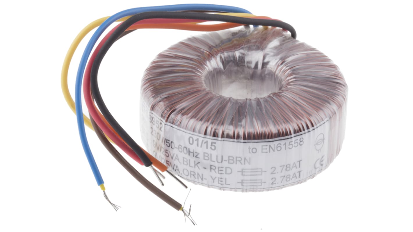 Transformador toroidal RS PRO, Tensión 2 x 9V ac, Potencia 50VA, 2 salidas