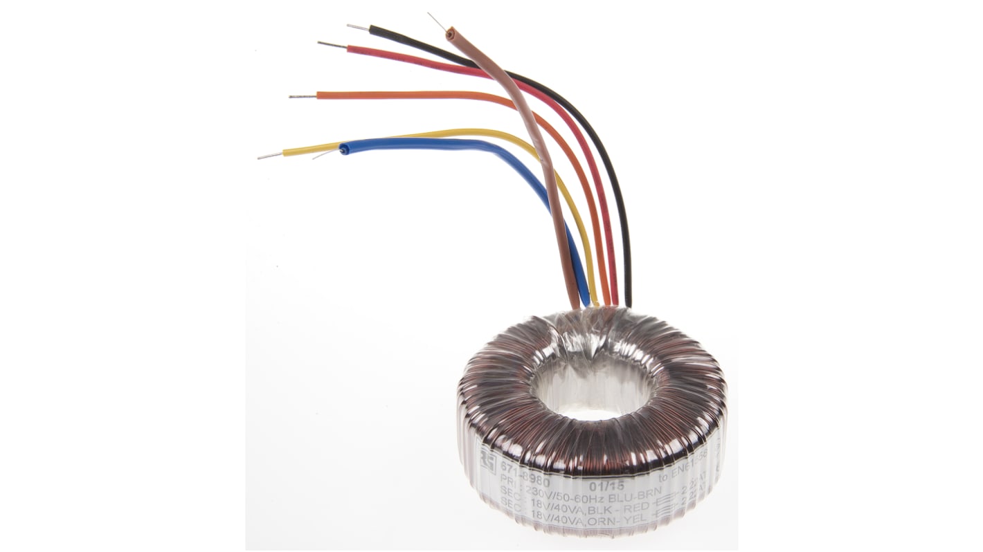 Transformador toroidal RS PRO, Tensión 2 x 18V ac, Potencia 80VA, 2 salidas