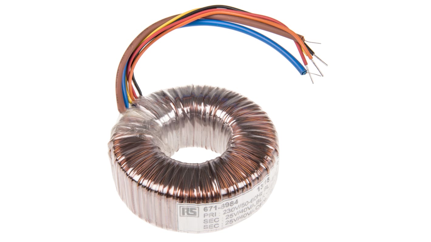 Transformador toroidal RS PRO, Tensión 2 x 25V ac, Potencia 80VA, 2 salidas