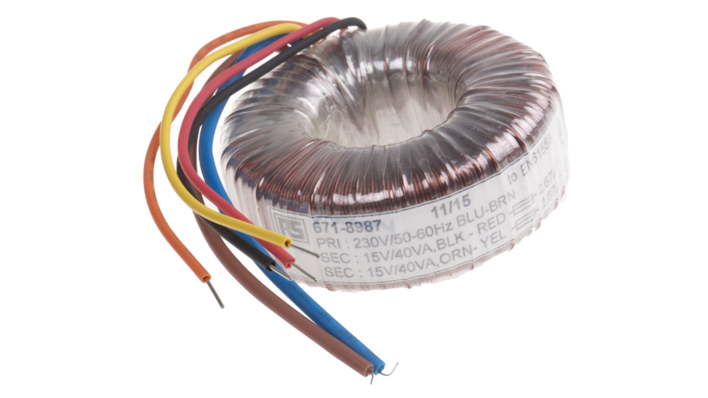 Transformador toroidal RS PRO, Tensión 2 x 15V ac, Potencia 80VA, 2 salidas