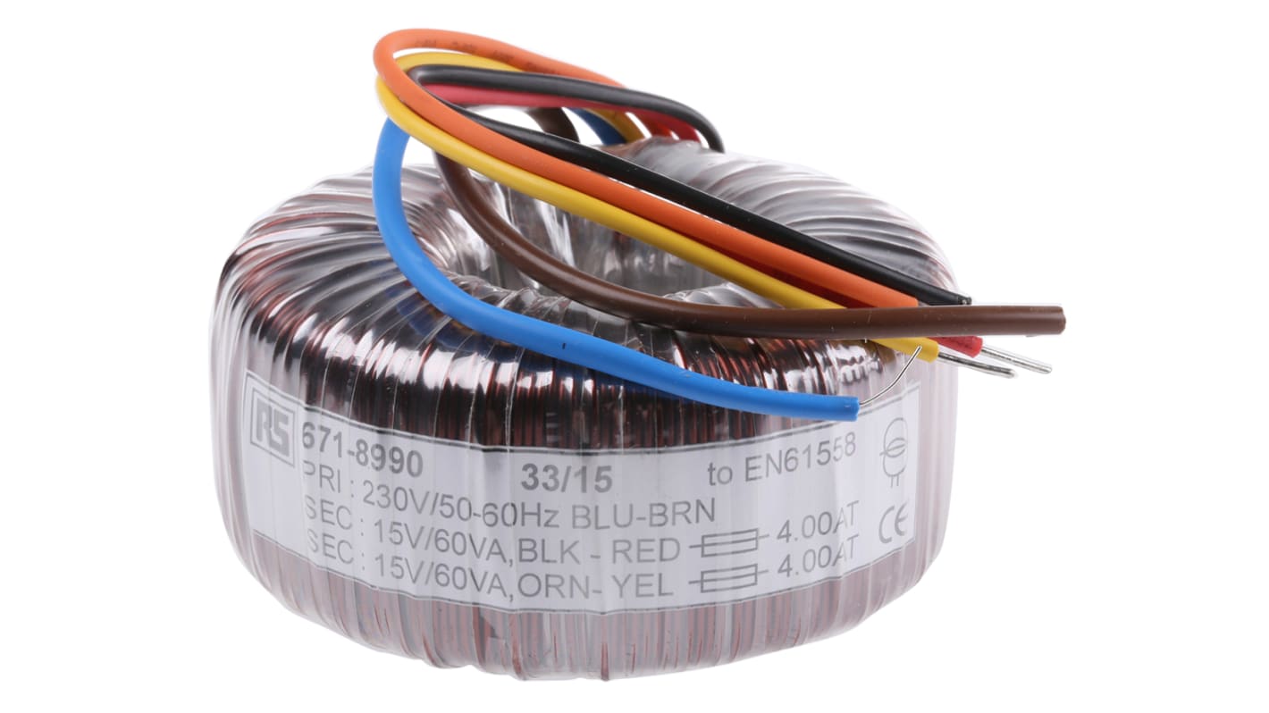 RS PRO 230V ac, 2 x 15V ac Toroidal Transformer, 120VA 2 Output