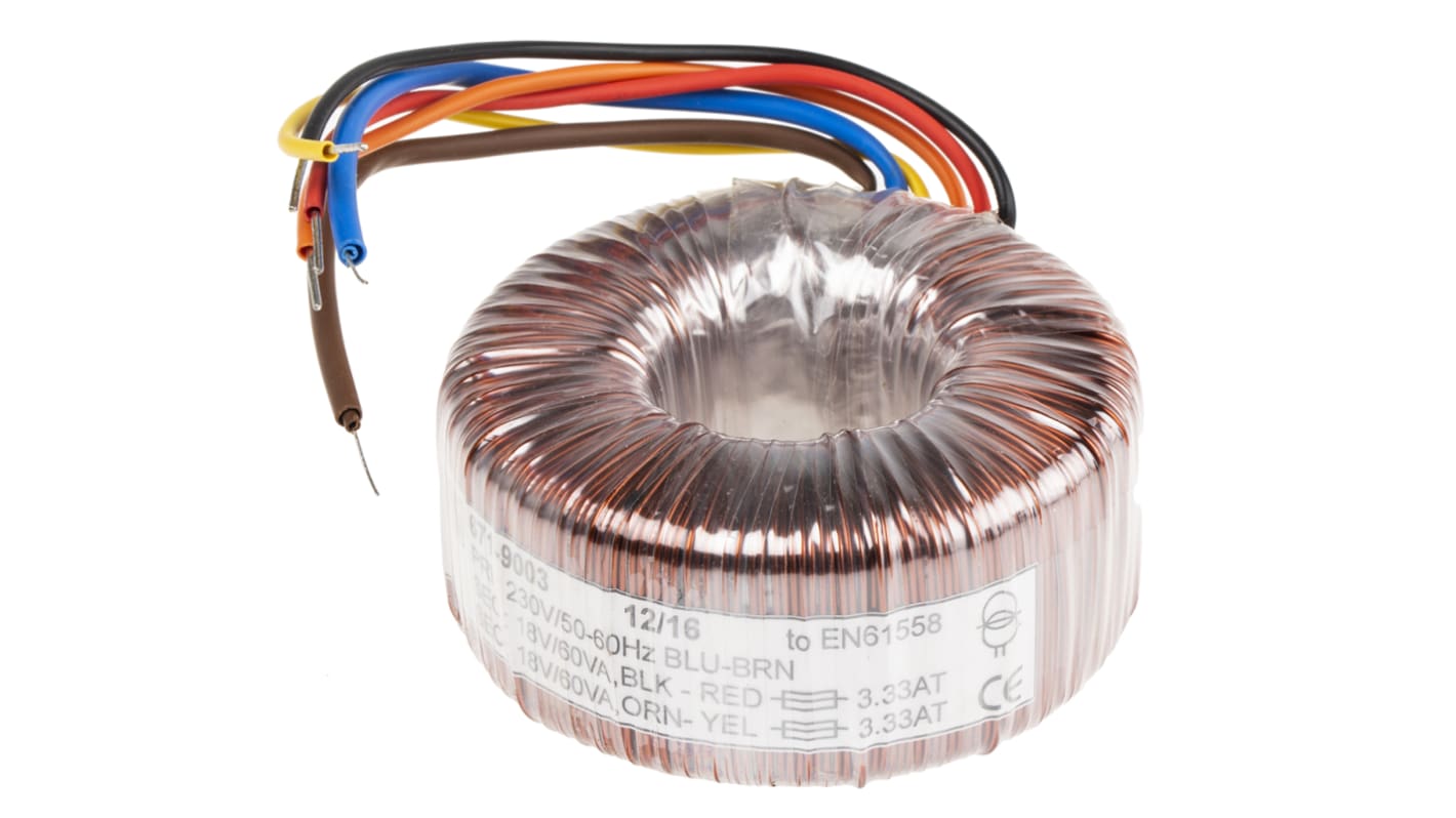 RS PRO Ringkerntransformator, Primär 230V ac / Sekundär 2 x 18V ac, 120VA 2 Ausg., 3.333A 1.4kg 96 (Dia.) x 48mm 60Hz