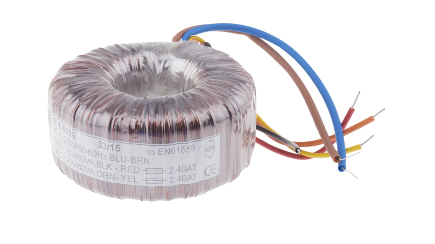 Transformador toroidal RS PRO, Tensión 2 x 25V ac, Potencia 120VA, 2 salidas