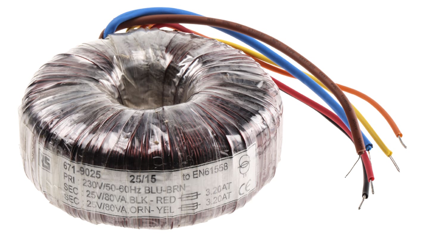 RS PRO 230V ac, 2 x 25V ac Toroidal Transformer, 160VA 2 Output