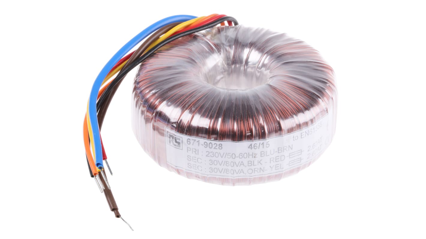 RS PRO 230V ac, 2 x 30V ac Toroidal Transformer, 160VA 2 Output