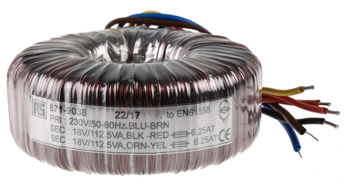 RS PRO 环形变压器, 225VA, 初级230V 交流, 次级2 x 18V 交流, 6.25A, 2输出, Φ120mm