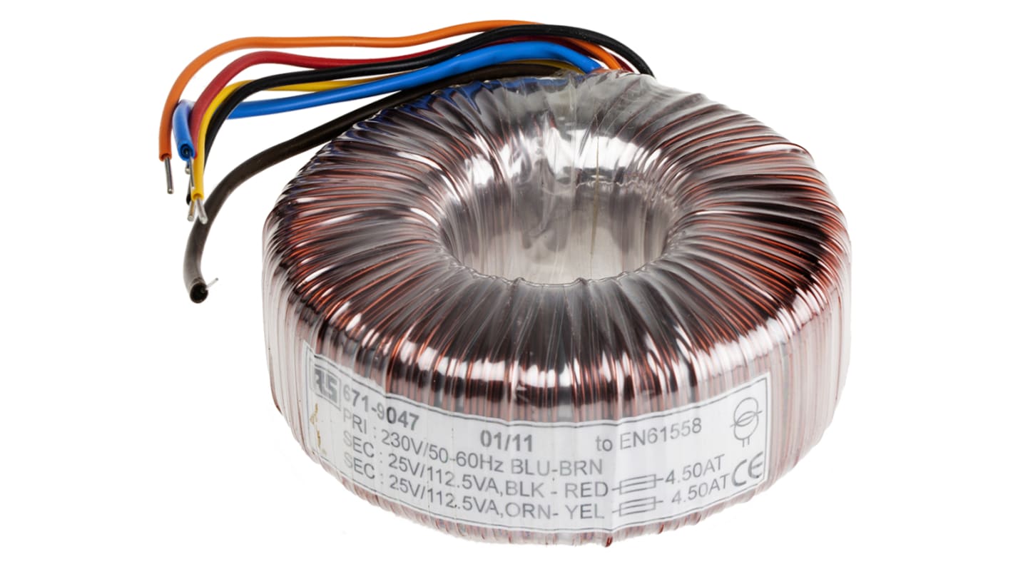 Transformador toroidal RS PRO, Tensión 2 x 25V ac, Potencia 225VA, 2 salidas