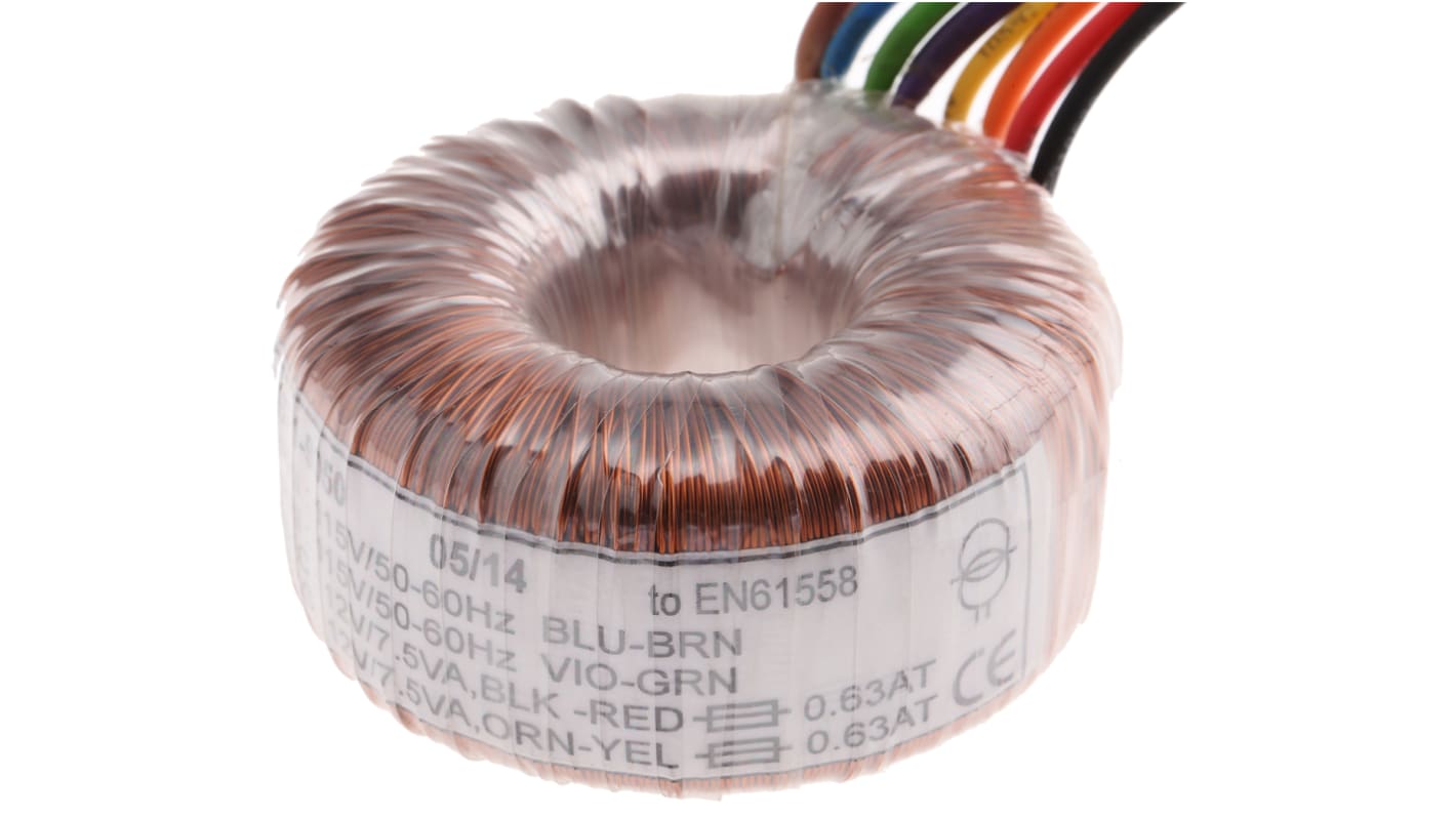 RS PRO 115 V ac, 230 V ac, 2 x 12V ac Toroidal Transformer, 15VA 2 Output