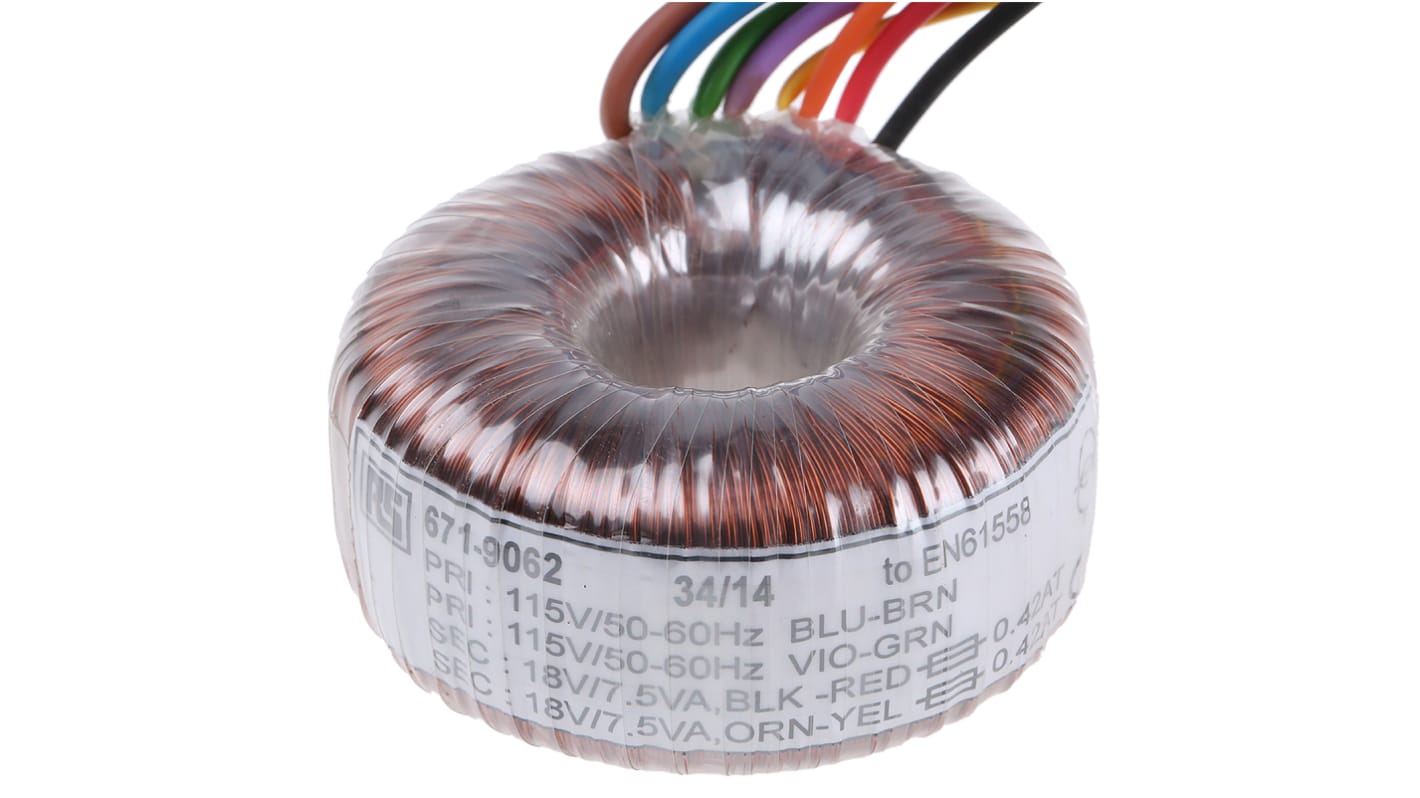 RS PRO 115 V ac, 230 V ac, 2 x 18V ac Toroidal Transformer, 15VA 2 Output