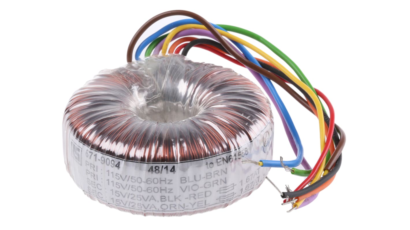 Transformador toroidal RS PRO, Tensión 2 x 15V ac, Potencia 50VA, 2 salidas