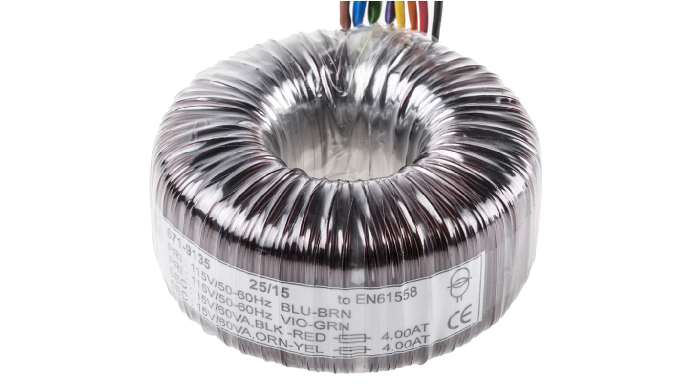 Transformador toroidal RS PRO, Tensión 2 x 15V ac, Potencia 120VA, 2 salidas