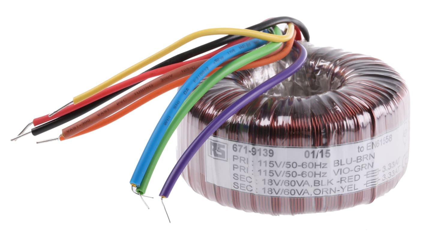 RS PRO 115 V ac, 230 V ac, 2 x 18V ac Toroidal Transformer, 120VA 2 Output