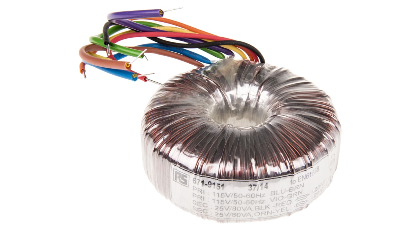 Transformador toroidal RS PRO, Tensión 2 x 25V ac, Potencia 160VA, 2 salidas