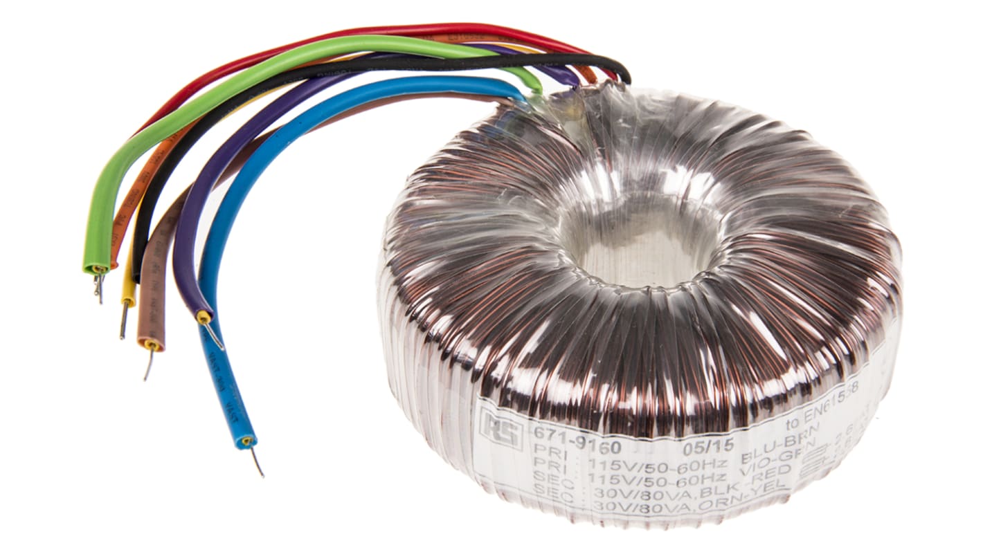 Transformador toroidal RS PRO, Tensión 2 x 30V ac, Potencia 160VA, 2 salidas