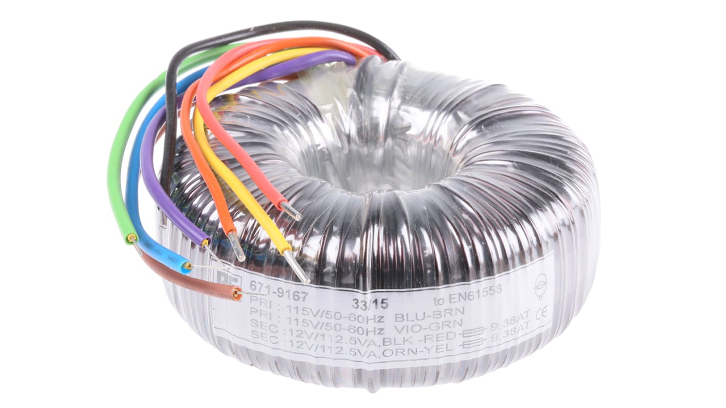 RS PRO 115 V ac, 230 V ac, 2 x 12V ac Toroidal Transformer, 225VA 2 Output