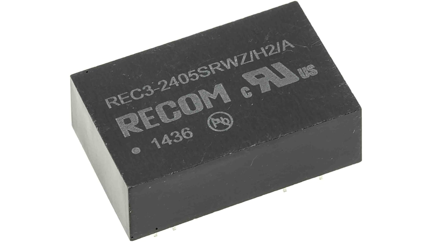 Recom REC3 DC-DC Converter, 5V dc/ 600mA Output, 9 → 36 V dc Input, 3W, Through Hole, +85°C Max Temp -40°C Min