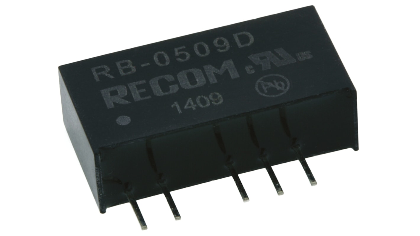 Recom RB DC-DC Converter, ±9V dc/ ±56mA Output, 4.5 → 5.5 V dc Input, 1W, Through Hole, +85°C Max Temp -40°C Min