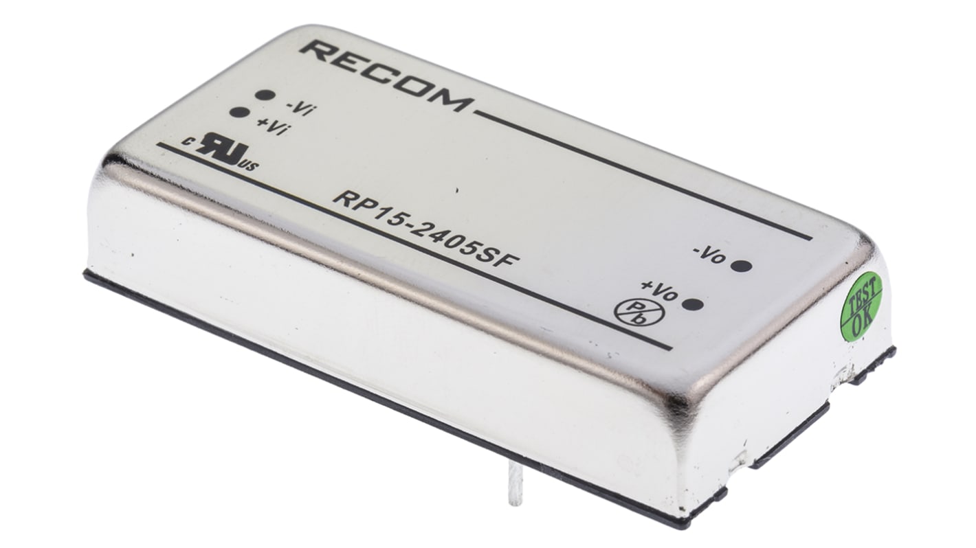 Recom RP15-F DC-DC Converter, 5V dc/ 3A Output, 18 → 36 V dc Input, 15W, Through Hole, +85°C Max Temp -40°C Min