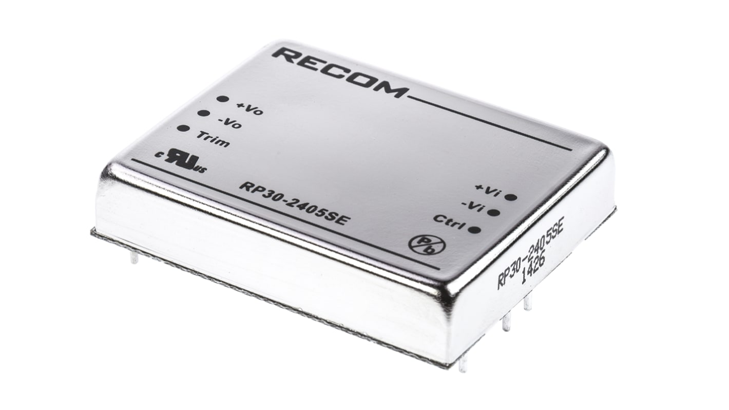 Recom RP30-E DC-DC Converter, 5V dc/ 6A Output, 18 → 36 V dc Input, 30W, Through Hole, +85°C Max Temp -40°C Min