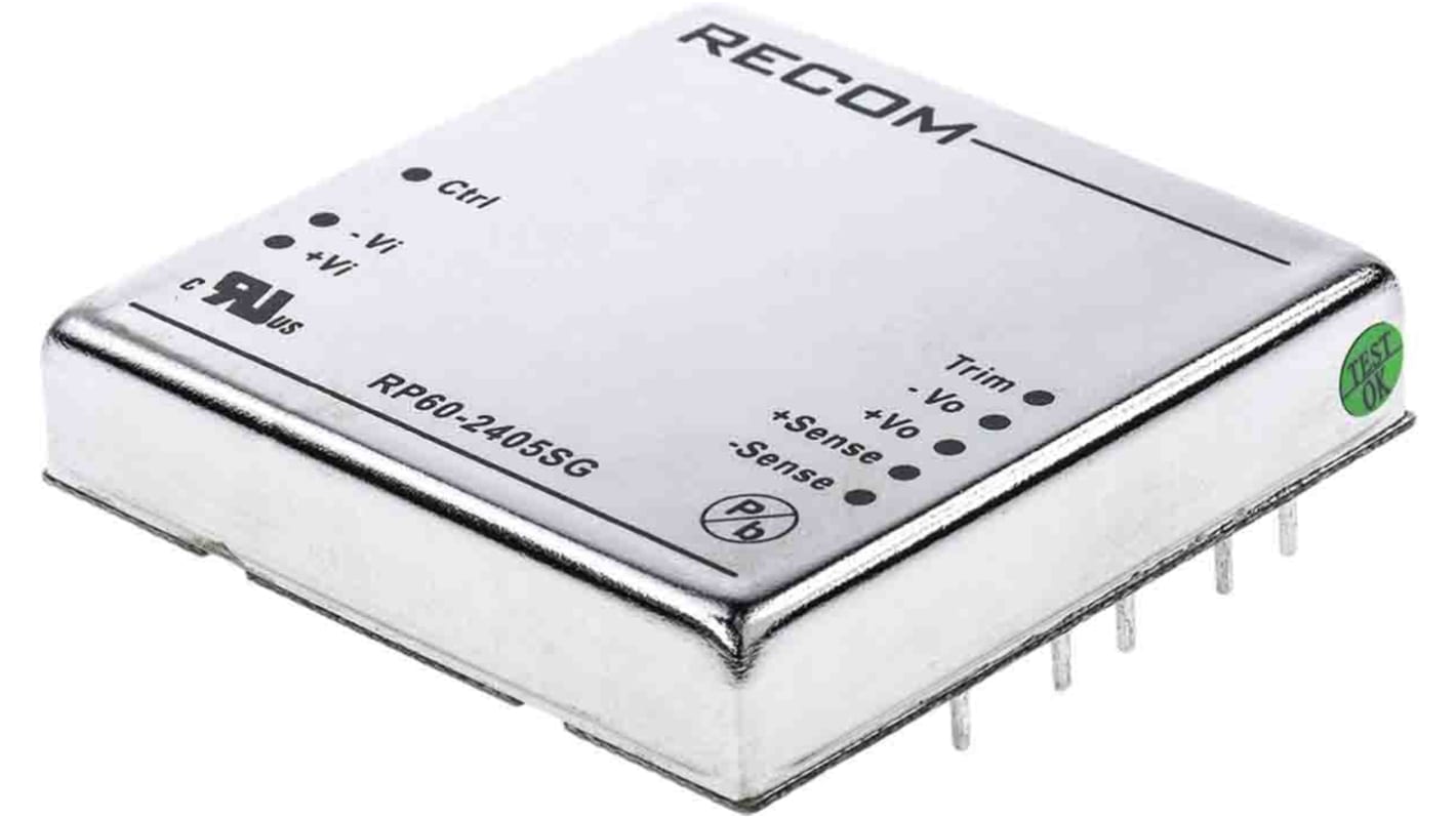 Recom RP60-G DC-DC Converter, 5V dc/ 12A Output, 18 → 36 V dc Input, 60W, Through Hole, +100°C Max Temp -40°C