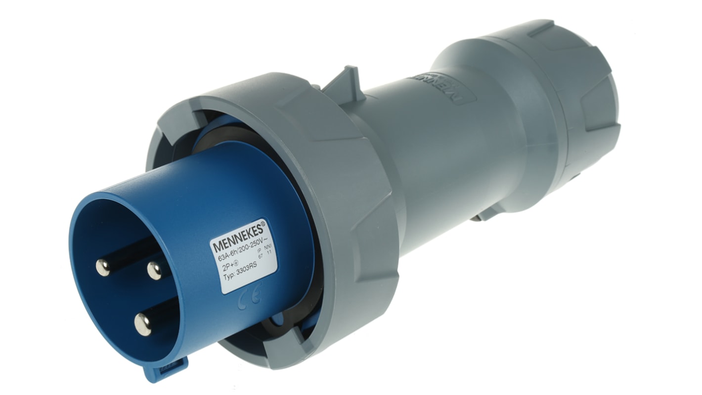 MENNEKES, PowerTOP IP67 Blue Cable Mount 2P + E Industrial Power Plug, Rated At 63A, 230 V