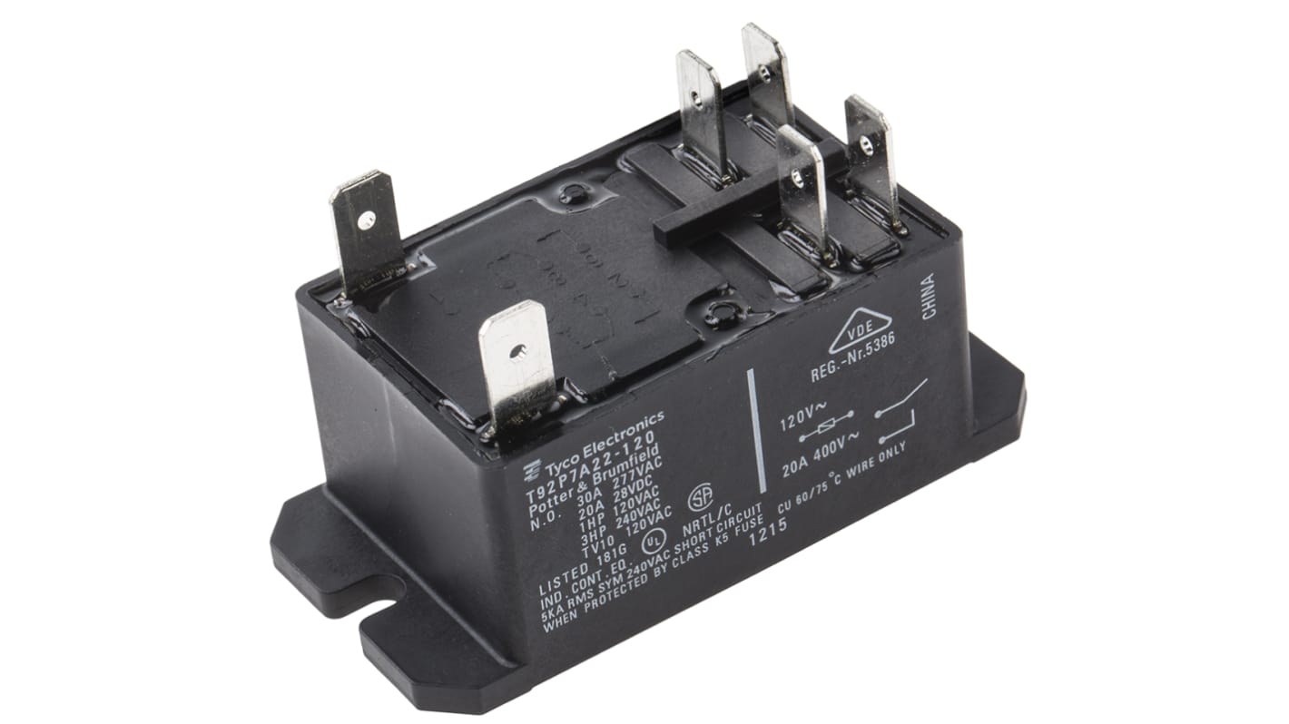 Relé de potencia sin enclavamiento TE Connectivity T92 de 2 polos, DPST, bobina 120V ac, 30A, Montaje por reborde