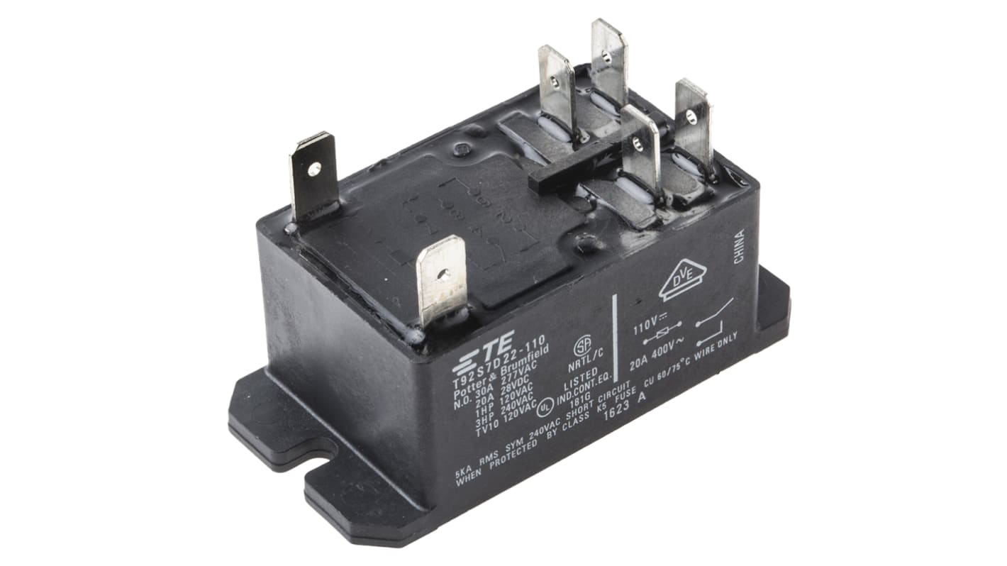 Relé de potencia sin enclavamiento TE Connectivity T92 de 2 polos, DPST, bobina 110V dc, 30A, Montaje por reborde