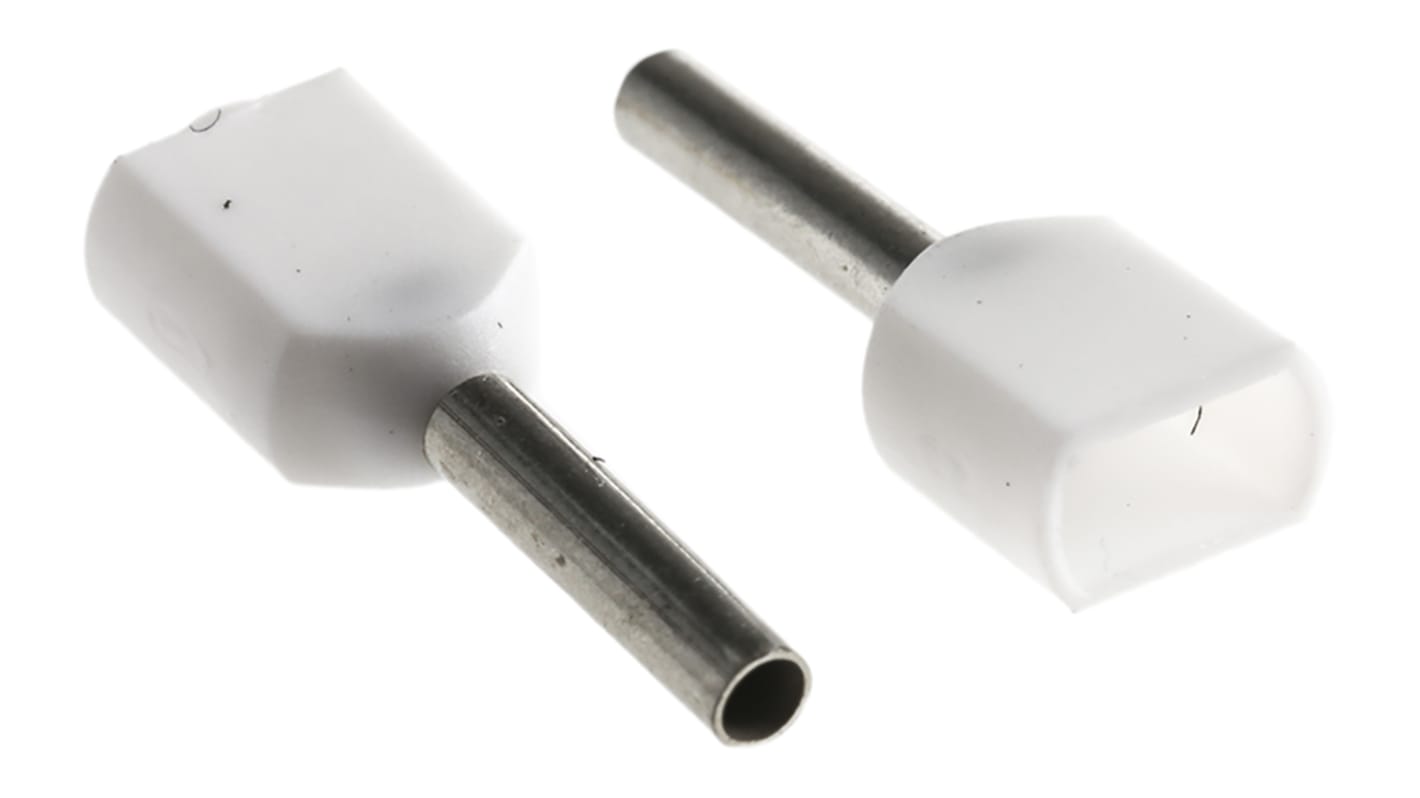 TE Connectivity Insulated Crimp Bootlace Ferrule, 8mm Pin Length, 1.4mm Pin Diameter, 2 x 0.5mm² Wire Size, White