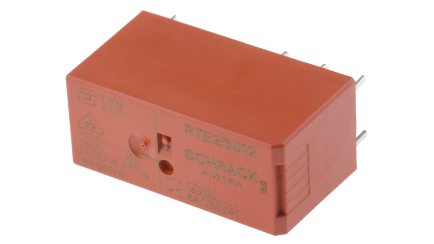 TE Connectivity PCB Mount Power Relay, 12V dc Coil, 8A Switching Current, DPDT
