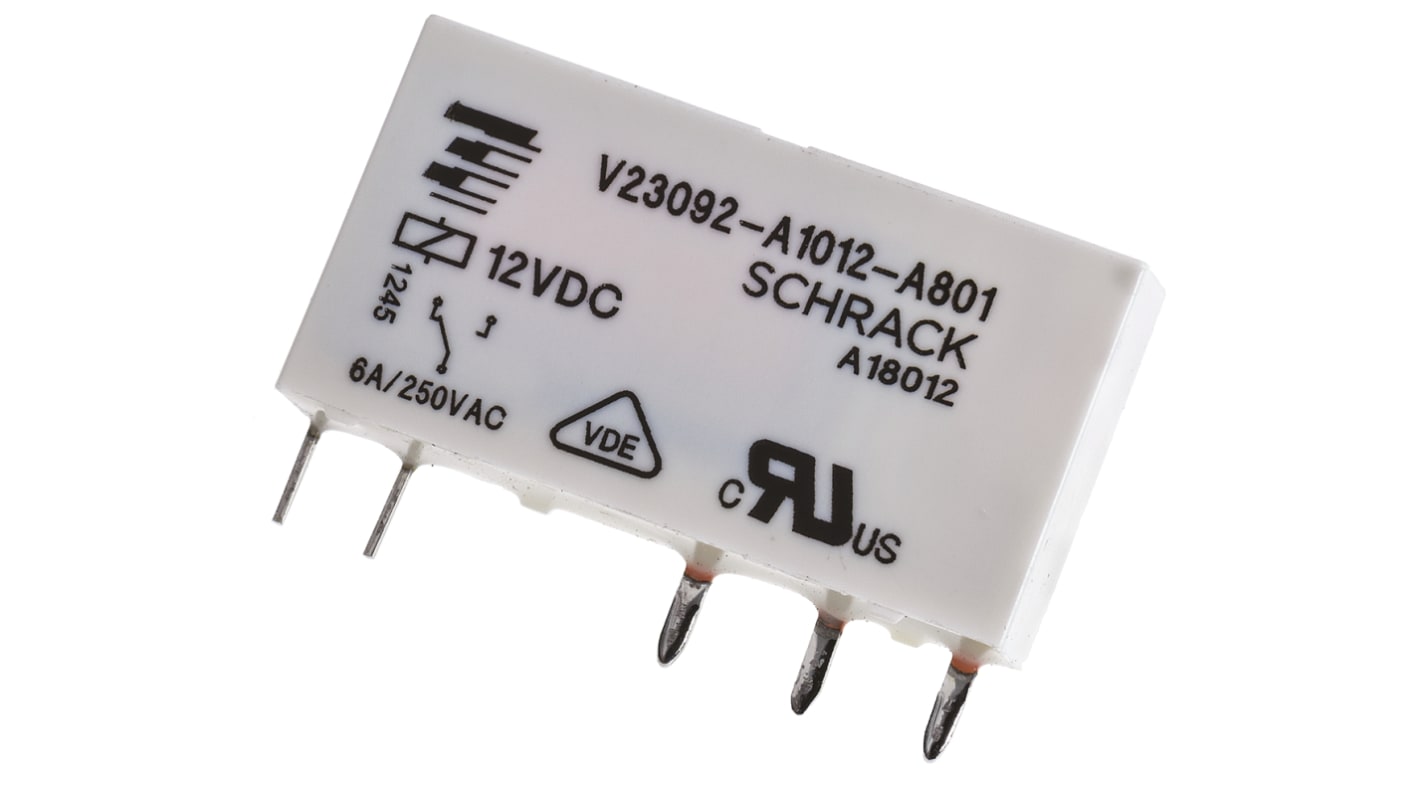 TE Connectivity PCB Mount Power Relay, 12V dc Coil, 6A Switching Current, SPDT